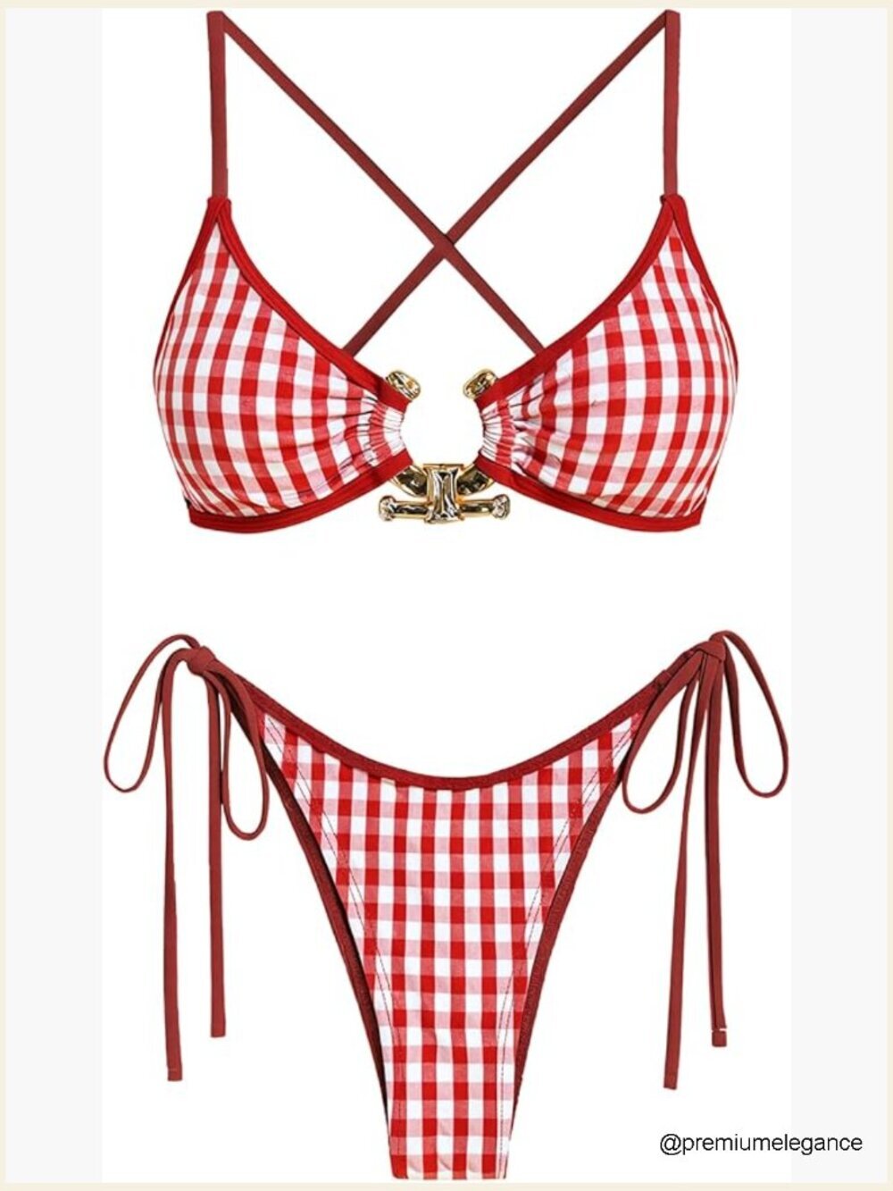 Ribbed Metal O Ring Criss Cross High Cut Thong Bikini Set